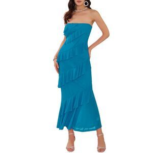 Summer Strapless Bodycon Ruffle Maxi Wedding Guest Dresses Blue Green